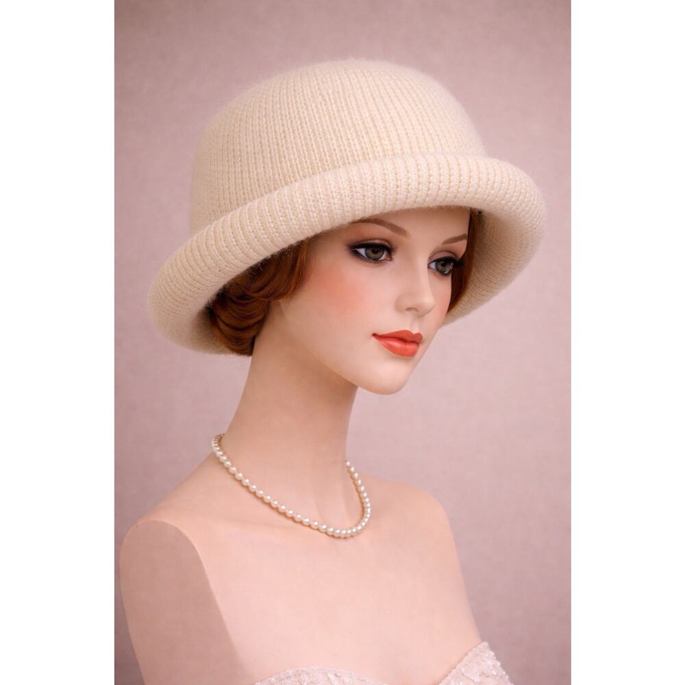 ARIS Cream Knit Bucket Hat Wool Acrylic Blend Soft Fuzzy Brim Minimalist Cap